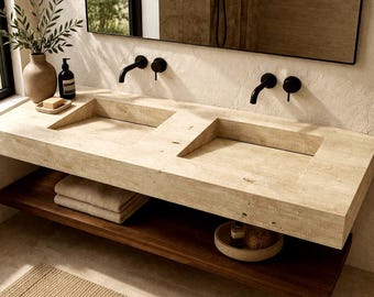Double Travertine Sink Wall Mounted 55”, Floating Double Vanity, Hidden Drain Stone Sink, Luxury Bathroom Basin, Custom Size