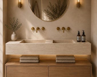 Commande personnalisée pour un lavabo double Chris en travertin de 140 cm, meuble-lavabo mural, double vasque flottante en pierre naturelle.