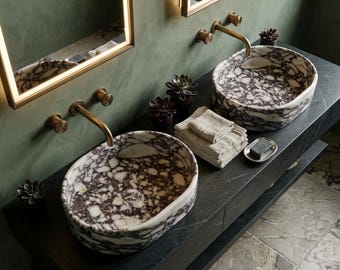 Lavabo en marbre Calacatta Viola, Lavabo en pierre naturelle fait main, Meuble de salle de bain de luxe, Lavabo-vasque rond en marbre, Lavabo design