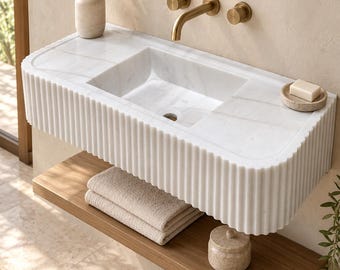 White Carrara Marble Sink, Fluted Wall Mount Bathroom Sink, Floating Stone Vanity Basin, Custom 36x14x8 Sink
