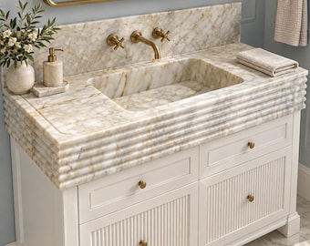 Calacatta Gold Marble Vanity Top Sink 46”, Integrated Bathroom Basin with 8” Backsplash, Custom Stone Vanity