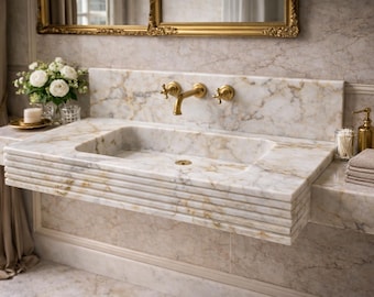 Calacatta Gold-Marmor-Waschbecken 46x21 ", an der Wand befestigtes Badezimmer-Waschbecken mit Aufkantung, handgeschnitztes Naturstein-Waschbecken, Luxus-Marmorbecken