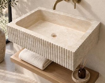 Travertine Sink 27.5”, Fluted Wall Mount Bathroom Sink, Floating Natural Stone Basin, Custom Beige Travertine Vanity
