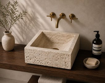 Lavabo carré en travertin | Vasque en pierre naturelle sculptée à la main (40,6 cm de largeur)