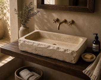 Lavabo rectangulaire en pierre de travertin, 70 cm (27,5 po) à bords bruts