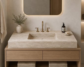 Travertin Waschtisch, 38-Zoll-Naturstein-Badezimmerbecken, handgefertigtes integriertes Arbeitsplattenwaschbecken mit Wasserhahnlöchern