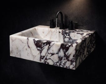 Lavabo en marbre Calacatta Viola, Lavabo de salle de bain mural, Lavabo de luxe en pierre naturelle, Lavabo design fait main, Dimensions personnalisées
