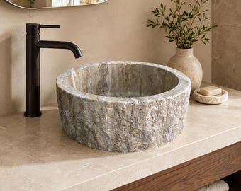 Vasque ronde en travertin argenté, vasque de salle de bain en pierre extérieure ciselée