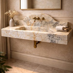 Calacatta Gold Marble Sink with Backsplash, Luxury Bathroom Vanity Sink, Handcrafted Natural Stone Washbasin, European Classic Design