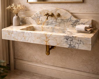 Umywalka z marmuru Calacatta Gold z panelem ściennym, luksusowa umywalka łazienkowa, ręcznie robiona umywalka z kamienia naturalnego, klasyczny europejski design