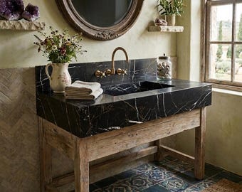 Umywalka marmurowa Nero Marquina z panelem ściennym, umywalka ścienna z czarnego kamienia, luksusowa szafka łazienkowa, ręcznie robiona umywalka z naturalnego kamienia