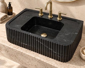 Nero Marquina Marble Sink, Black Fluted Bathroom Sink, Countertop Vanity Basin, Custom Size Stone Sink, Luxury Marble Sink