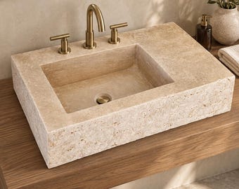 Travertine Sink 28”, Chiseled Stone Bathroom Sink, Left Offset Basin Vanity Top, 3-Hole Faucet, Custom Natural Stone Sink