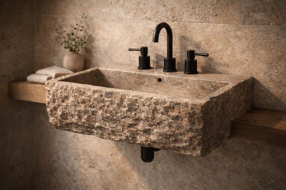 Silver Travertine Wall Mounted Sink, Rustic Chiseled Stone Basin, Natural Stone Bathroom Sink, Handmade Floating Vanity Sink