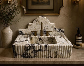 Calacatta Viola-Marmor-Waschbecken mit dekorativem Backsplash, geriffeltes Stein-Waschbecken, Luxus-Waschbecken