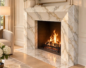Calacatta Gold Marble Fireplace Surround with Hearth, Custom Stone Mantel, Luxury Natural Marble Fireplace Frame
