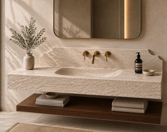 Lavabo en travertin de 46 po. avec dosseret | Lavabo de salle de bain en pierre mural | Lavabo flottant de luxe rustique | Lavabo en pierre naturelle