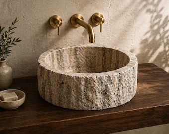Lavabo redondo de travertino plateado de 42 cm / Lavabo de piedra rústica de lujo / Lavabo de baño de piedra natural tallado a mano / Lavabo de spa