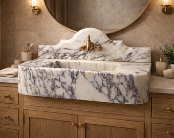 Lavabo de ferme en marbre Calacatta Viola avec dosseret, Lavabo en pierre naturelle fait main, Lavabo de salle de bain de luxe, 35 pouces