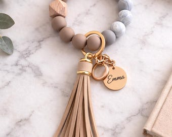 Personalized Bracelet Keychain for Women, Beaded Wristlet Keychain with Tassel, Engraved Name Charm Keychain, Cute Gift for Mom Teacher