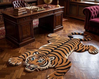 Tufted Tiger Rug | Animal Shaped Area Rug | Maximalist Bedroom Decor | Jungle Safari Nursery Carpet | Cute Big Cat Mat | Eclectic Room Decor