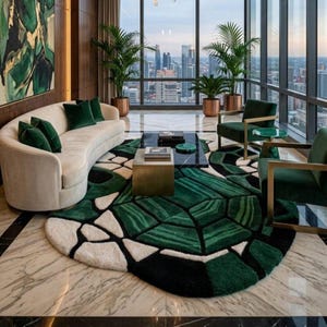 Op de afbeelding: Een groot, ovaalvormig vloerkleed met een geometrisch patroon in tinten diep groen, zwart en crème. Het kleed ligt op een gepolijste marmeren vloer in een kamer met een gebogen crèmekleurige bank, twee groene fauteuils en een zwarte salontafel.