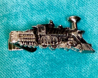 Pinza de corbata vintage plateada para hombre con diseño de tren/locomotora / Estilo de mediados de siglo