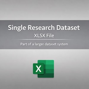 May include: Image shows the text "Single Research Dataset XLSX File" above the Microsoft Excel icon. The icon is a green square with a white "X" and a darker green square behind it. The text "Part of a larger dataset system" is below.