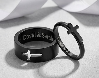Custom Engraved Cross Titanium Steel Couple Rings, Personalized Promise Rings for Him and Her, Wedding Engagement Anniversary Gift