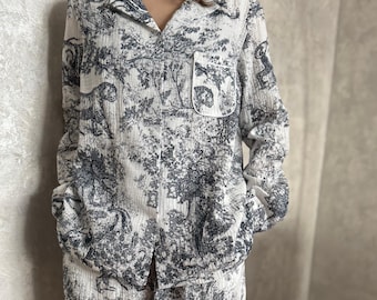 Muslin Cotton Jungle Print Pajama Set, Women's Relaxed Fit Loungewear, Breathable Sleepwear, Organic cotton
