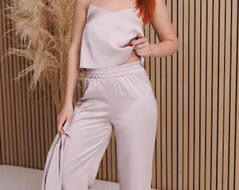 Silk Satin Pajama for Women, 3-Piece Loungewear Set, Tank Top, Kimono, Pants, PJ Set, Girls Night