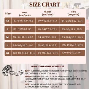 May include: A size chart with measurements in centimeters and inches for bust, waist, and hips. Sizes range from XS to XL. Instructions on how to measure yourself are included, detailing bust, waist, and hip measurements.