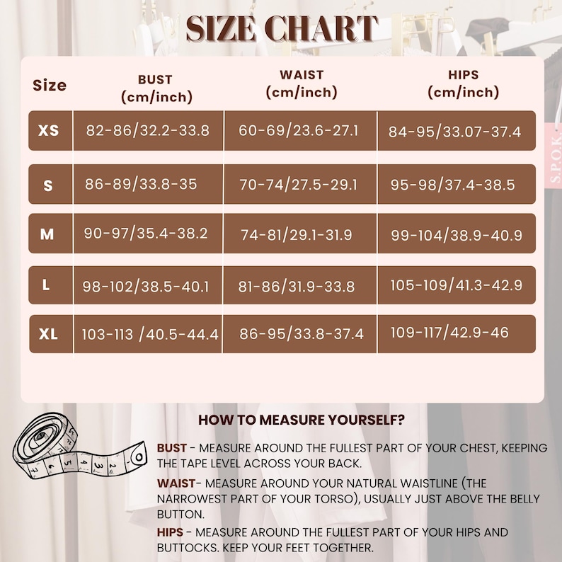 May include: A size chart with measurements in centimeters and inches for bust, waist, and hips. Sizes range from XS to XL. Instructions on how to measure yourself are included, detailing bust, waist, and hip measurements.