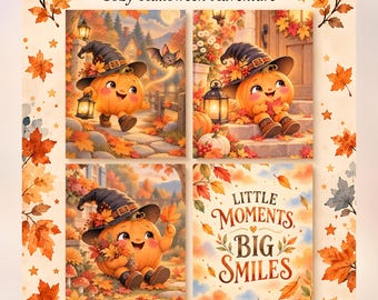 Pode incluir: Um conjunto de quatro designs de arte de parede imprimíveis intitulados Happy Little Pumpkin Cozy Halloween Adventure. As imagens apresentam uma abóbora com chapéu de bruxa, rodeada por folhas de outono, lanternas e o texto Little Moments Big Smiles.