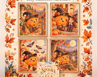 Pode incluir: Um conjunto de cinco designs de arte de parede imprimíveis com temas de outono, incluindo ilustrações de uma abóbora com chapéu de bruxa, morcegos e folhagens. O texto diz Happy Little Pumpkin, Cozy Halloween Adventure e A Little Spooky A Lot Of Fun.