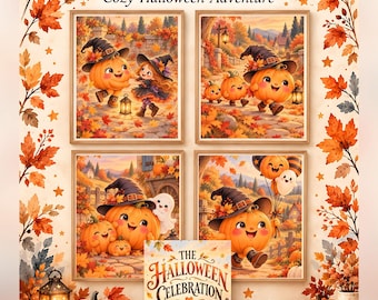 Pode incluir: Um conjunto de cinco designs de arte de parede imprimíveis com o texto Happy Little Pumpkin Cozy Halloween Adventure e The Halloween Celebration. As imagens mostram abóboras antropomórficas com chapéus de bruxa, fantasmas e folhas de outono.