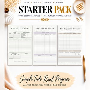 Peut inclure: Un kit de démarrage financier comprenant trois feuilles imprimées : Monthly Budget, Expense Tracker et Bill Payment Tracker. Le texte indique STARTER PACK, THREE ESSENTIAL TOOLS, A STRONGER FINANCIAL START et Simple Tools. Real Progress.