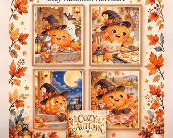 Pode incluir: Cinco designs de arte de parede imprimíveis com o texto Happy Little Pumpkin Cozy Halloween Adventure e Cozy Autumn. As ilustrações retratam uma abóbora sorridente usando um chapéu de bruxa em várias cenas sazonais com folhas de outono.