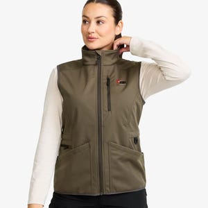 May include: An olive green sleeveless vest featuring a high collar, a full-length center front zipper, and a vertical zippered chest pocket. The garment includes two lower front pockets and a small logo with red and black text on the left chest.