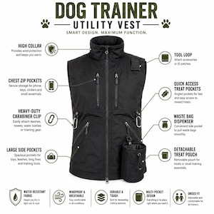 May include: A black dog trainer utility vest featuring a high collar, a full-length front zip, two chest zip pockets, two lower angled pockets, two carabiner clips, and a detachable treat pouch. Text labels describe features like tool loops.