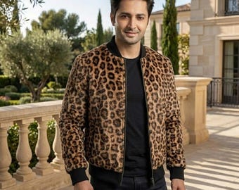 Giacca bomber da uomo in vera pelle con stampa leopardata / Giacca stile college di lusso con stampa