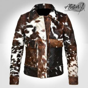 Handmade Cowhide Men Leather Jacket Brown White Real Hair On Hide Pony Hair Coat