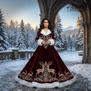 winter fur dress for women Goth Viking Queen Wedding Dress with Sleeves Unique Faux Fur Trimmed Coat Gown (12 Month Make Time)