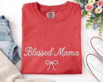 Blessed Mama Pearl Bow PNG, Christian Mom Shirt Design, Faith Coquette Bow Graphic, Religious Sublimation, Digital Download