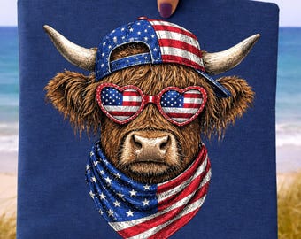 Highland Cow 4th Of July PNG, American Flag Cow Sublimation, Patriotic Highland Cow Shirt, Independence Day PNG, USA Cow Digital Download