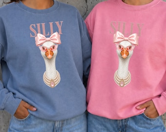 Silly Goose PNG, Coquette Goose Sublimation Design, DTF Transfer, Pink Bow Goose Shirt, Pearl Goose, Funny Goose Digital Download