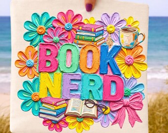 Book Nerd Brushstroke Retro Floral PNG, Bookish Summer T Shirt Design, Book Lover Flower Png, Brush Stroke Paint Png, Sublimation Design