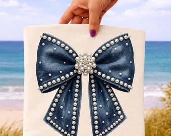 Denim Pearl Bow PNG, Trendy Coquette Shirt Design, Blue Jean Boutique Graphic, Southern Preppy Sublimation