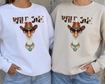 Wild One PNG, Western Goose Sublimation, DTF Transfer, Cowhide Text Goose Shirt, Turquoise Cowboy Hat Goose, Wild Goose Digital Download