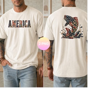 May include: Cream-coloured t-shirt with the word "AMERICA" in a flag design on the front. The back of the shirt displays a fish leaping from water, decorated with a flag pattern.